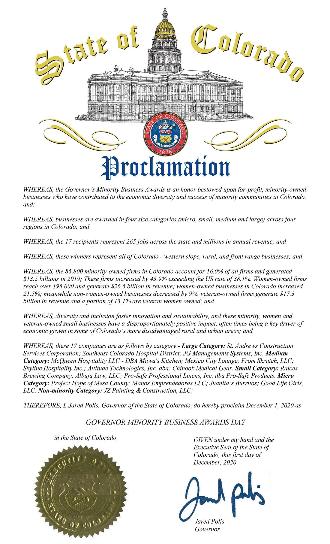 We won in Governor's Minority Business Awards 2020…